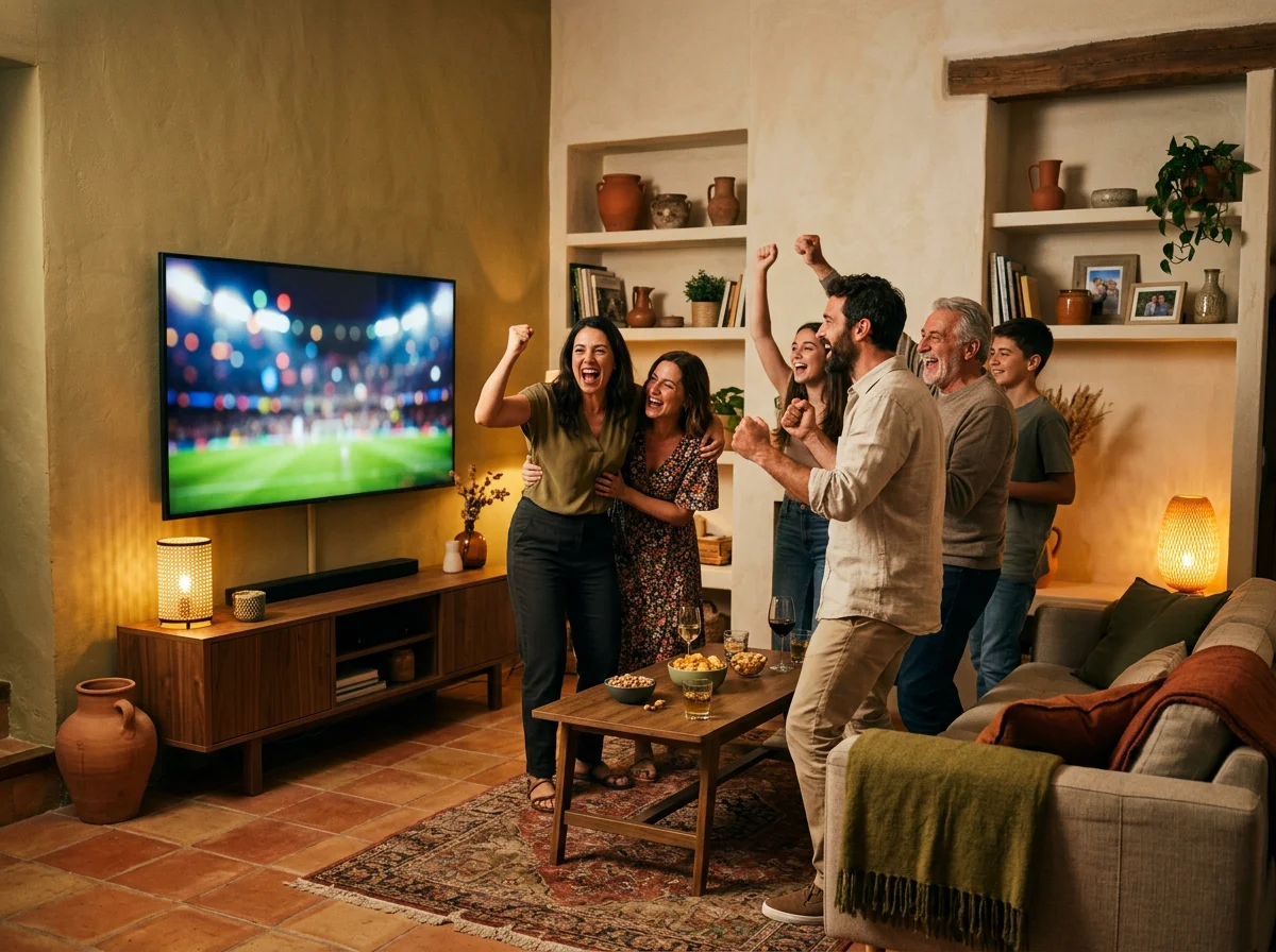 Familje duke festuar bashkë përpara televizorit gjatë një ndeshjeje sportive